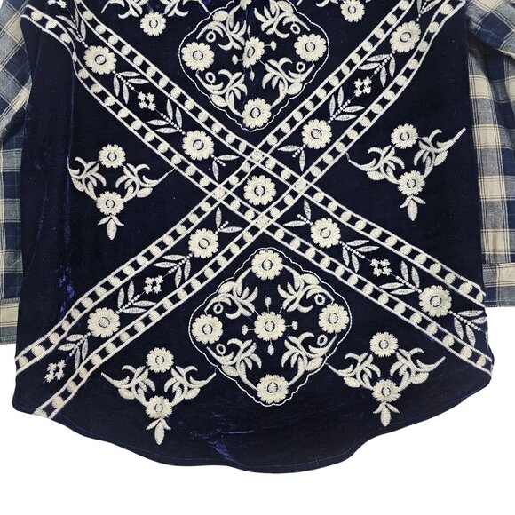 Soft Surroundings Plaid Button Up Shirt XL Velvet Embroidered Navy & Cream - Picture 6 of 11